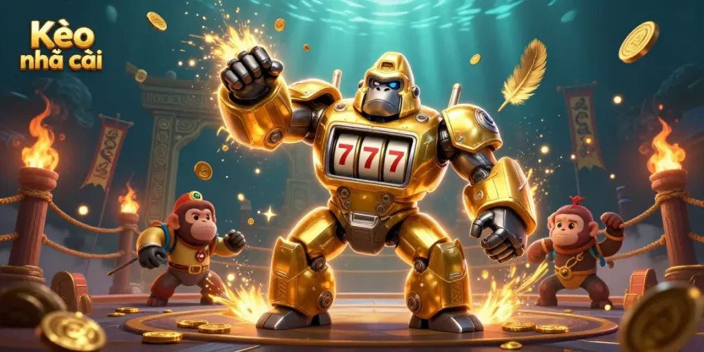 Bet on Kèo nhà cái with dynamic scenes of gambling adventures featuring a golden gorilla mech.