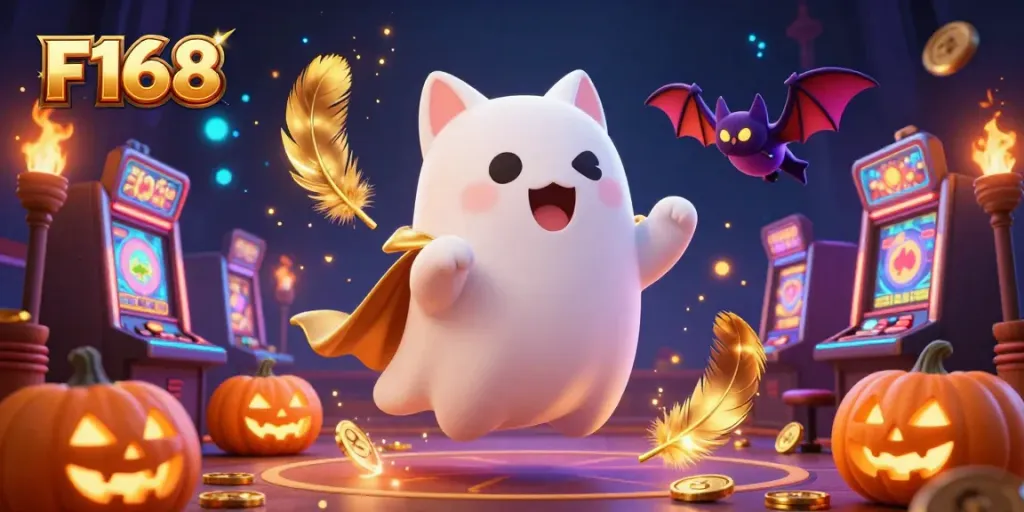 Experience F168's ghost cat and bat in a vibrant casino with glowing symbols and lively action.