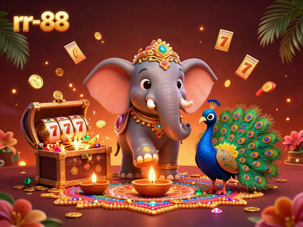 Engage in online slots with rr-88 as the elephant and peacock illuminate the gaming experience.