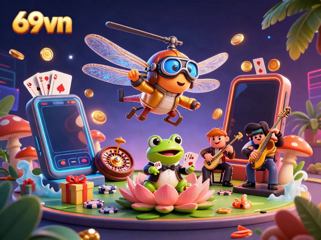 Engage with 69vn's vibrant casino scene featuring a lively dragonfly pilot, frog dealer, and jazz-playing crickets.