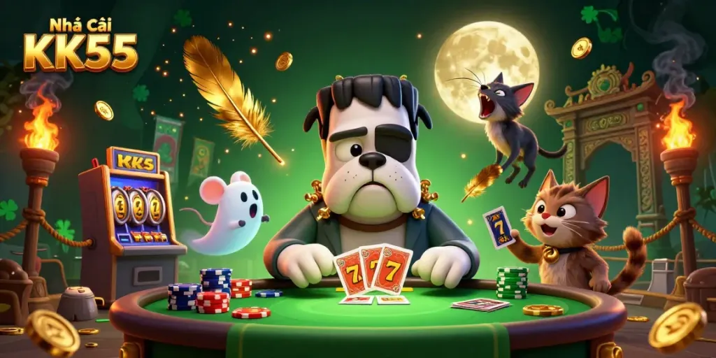 Engage in thrilling games at Nhà cái KK55 with a vibrant 3D illustration featuring fantasy characters and casino elements.
