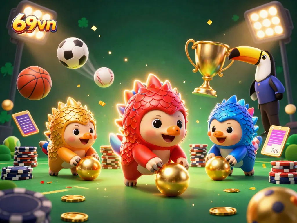 Victory awaits in 69vn as colorful pangolins roll golden balls through poker chips while dynamic sports balls fly