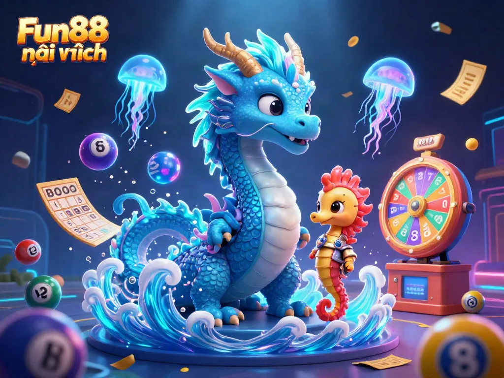 Engage in Fun88 mới nhất with an enchanting 3D illustration featuring a water dragon and colorful game elements.
