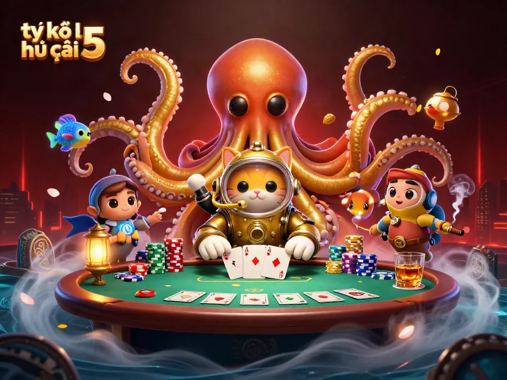 Experience the thrill of tỷ lệ kèo nhà cái 5 with a dramatic poker scene featuring a kraken and diving cat.