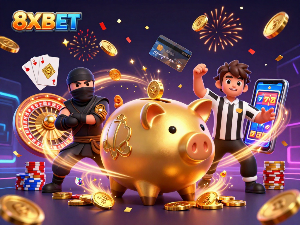 Engage with the exciting world of 8XBET as a golden piggy bank sumo wrestler triumphs in a casino scene.