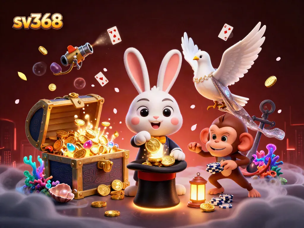 Win big at sv368 with magical gameplay featuring a magician rabbit, coins, and poker chips!
