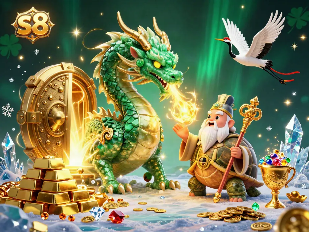 Engage with the vibrant world of s8 through a dynamic casino scene featuring dragons and treasures.