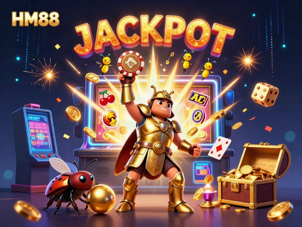 HM88 beetle celebrates a jackpot victory in a vibrant casino scene filled with dynamic game elements.