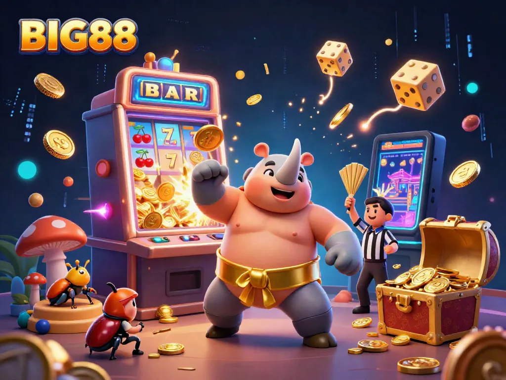 Experience the vibrant action at BIG88 with a thrilling scene featuring a sumo champion rhinoceros beetle and a massive slot machine bursting with rewards.