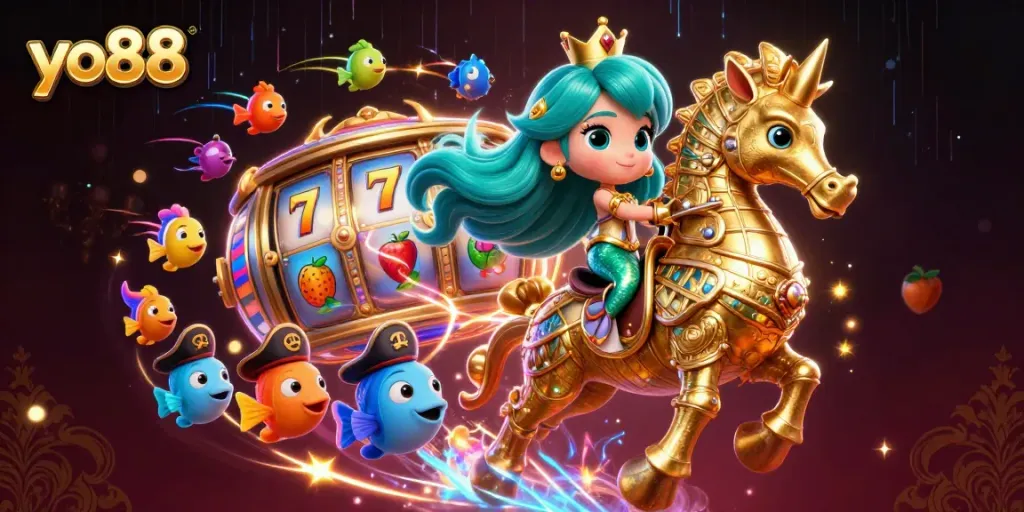 Engage with yo88's thrilling casino adventure featuring a mermaid princess and vibrant slot elements.
