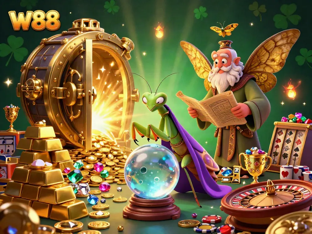 Experience exciting W88 gaming with vibrant characters and dynamic casino elements.