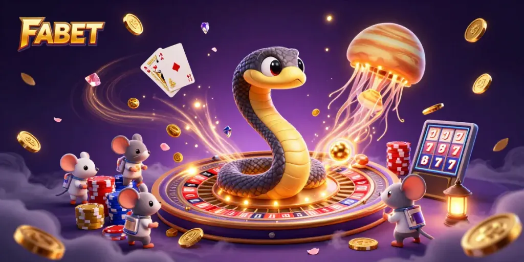 Experience FABET's dynamic cosmic casino with snakes, astronauts, and cosmic elements.