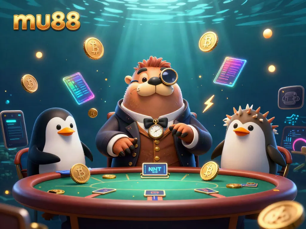 Join the fun at mu88 with a jolly walrus and friends playing poker underwater amidst a vibrant casino atmosphere.