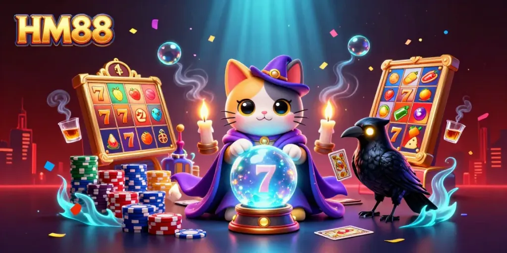 Illustration of HM88 with vibrant slot reels and a mystic cat fortune teller.