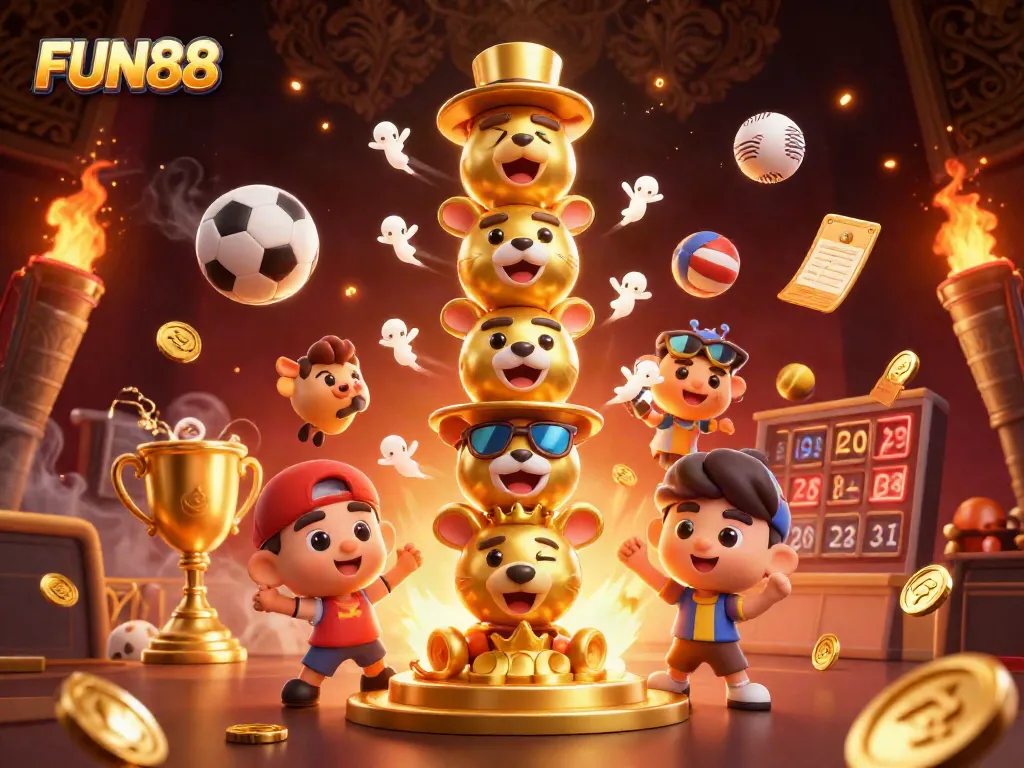 Explore FUN88's vibrant and dynamic gaming world with 3D animated characters and exciting casino elements.