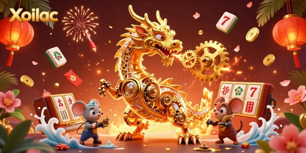 Xoilac showcases thrilling dragon-themed casino content with vibrant elements and visuals.