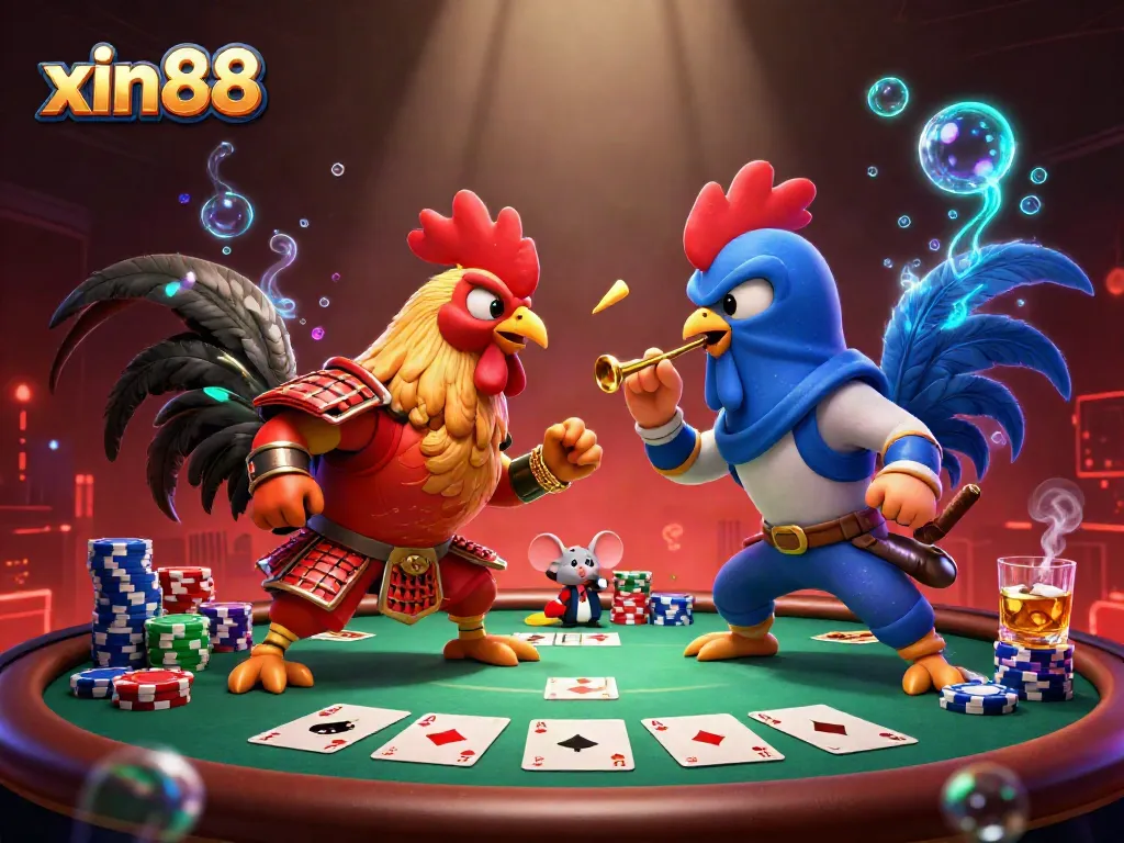 Engage in the excitement of xin88 with a lively standoff of colorful roosters amidst a poker scene.