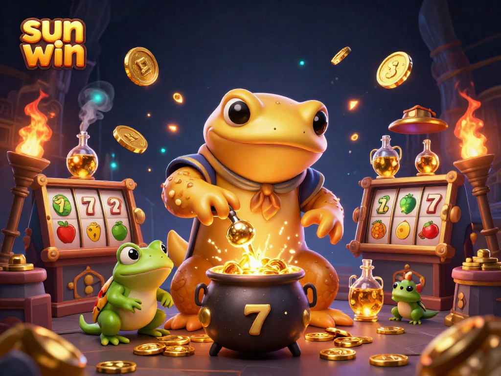 Win big with sun win at this vibrant 3D casino illustration showcasing an alchemist's gold creation.