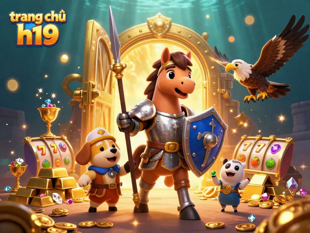 Engage with trang chủ h19 for thrilling slot games alongside medieval characters in a vibrant casino scene.