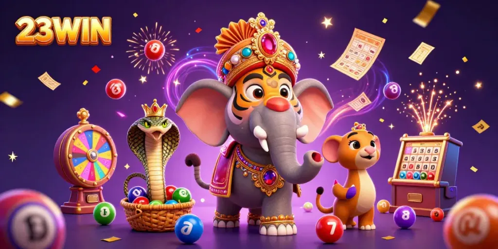 Experience excitement with 23WIN, a vibrant gaming world featuring colorful lottery elements and dynamic characters.