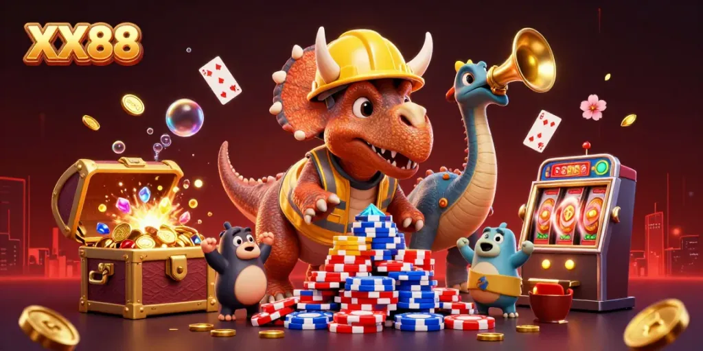 Experience thrilling action at XX88 gaming with vibrant slots, cheerful characters, and dynamic casino elements.
