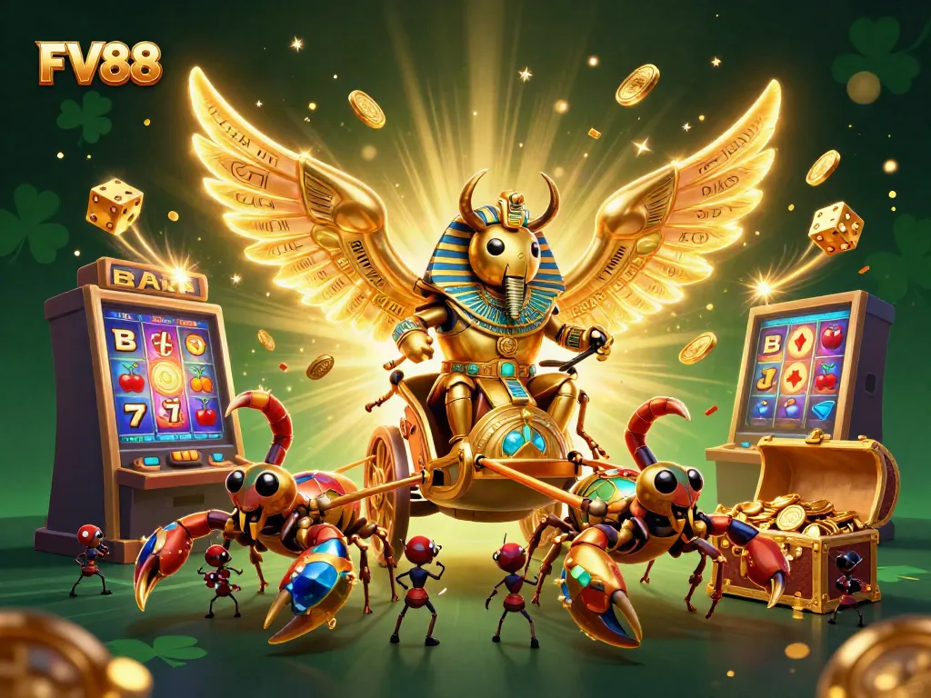 Engage in thrilling slots action at FV88 with a vibrant 3D illustration of a casino scene filled with excitement.