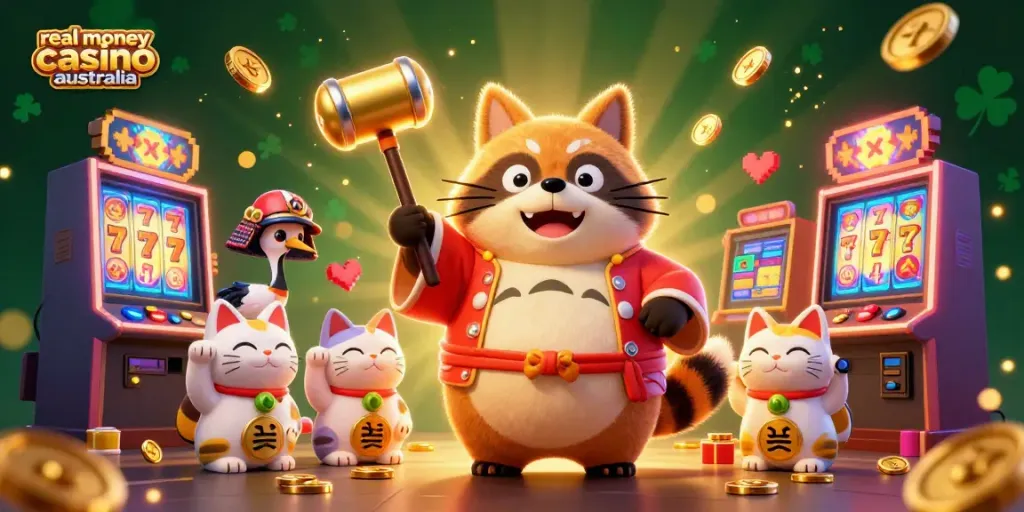 Experience real money casino Australia with a cheerful tanuki, vibrant slot machines, and lucky cats in a dynamic gaming scene.