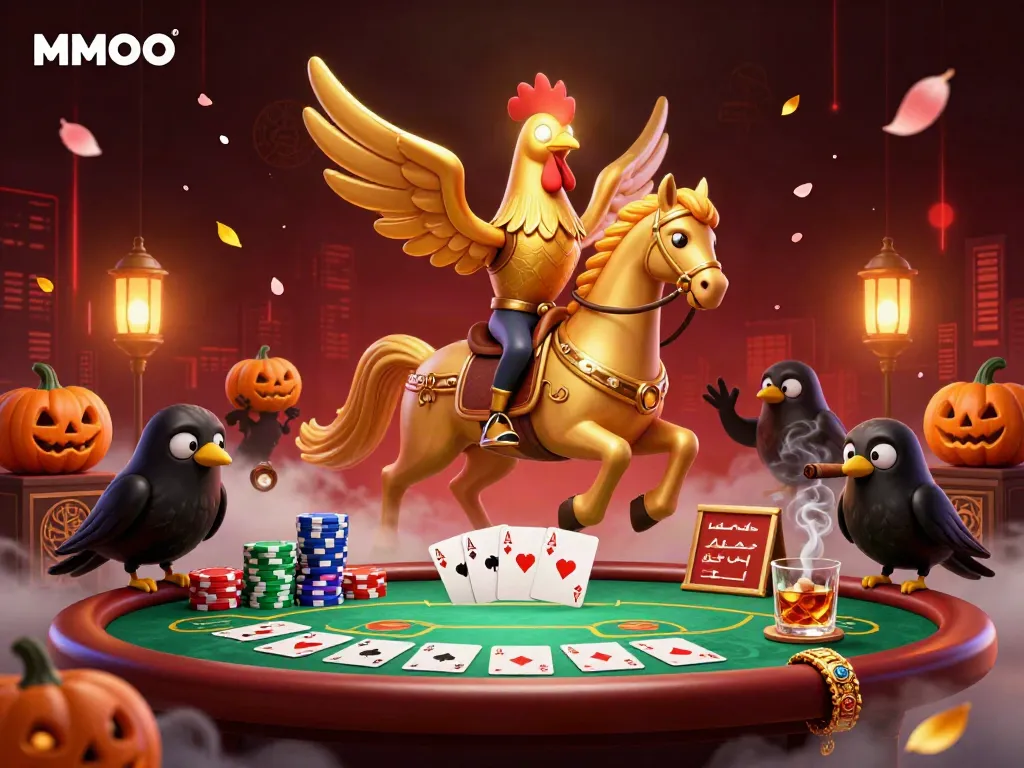 Experience the excitement at MMOO with a golden rooster in a vibrant casino scene, showcasing poker elements.
