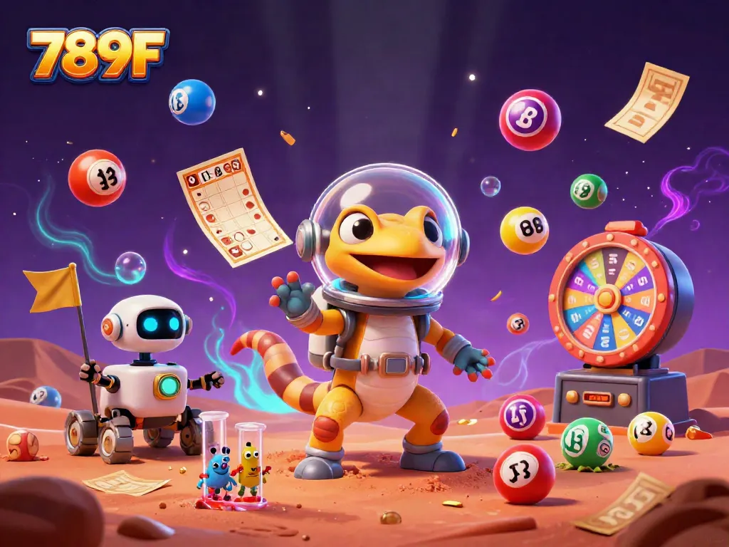 Engage with 789F's exciting gaming scene featuring a Martian gecko and a golden casino adventure.