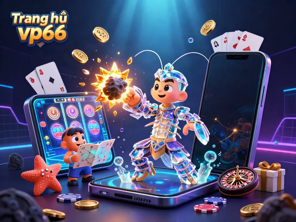 Experience the excitement of Trang chủ vp66 with vibrant casino elements, golden coins, and action-packed characters in a dynamic scene.