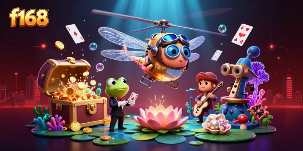 Engage in thrilling gameplay at f168 with a vibrant casino scene featuring lively characters and dynamic elements.