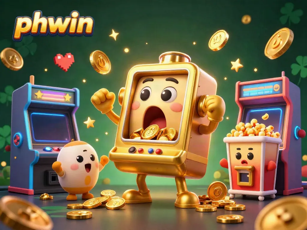 Experience thrilling wins with phwin as a golden slot machine celebrates a jackpot amid a vibrant casino scene.