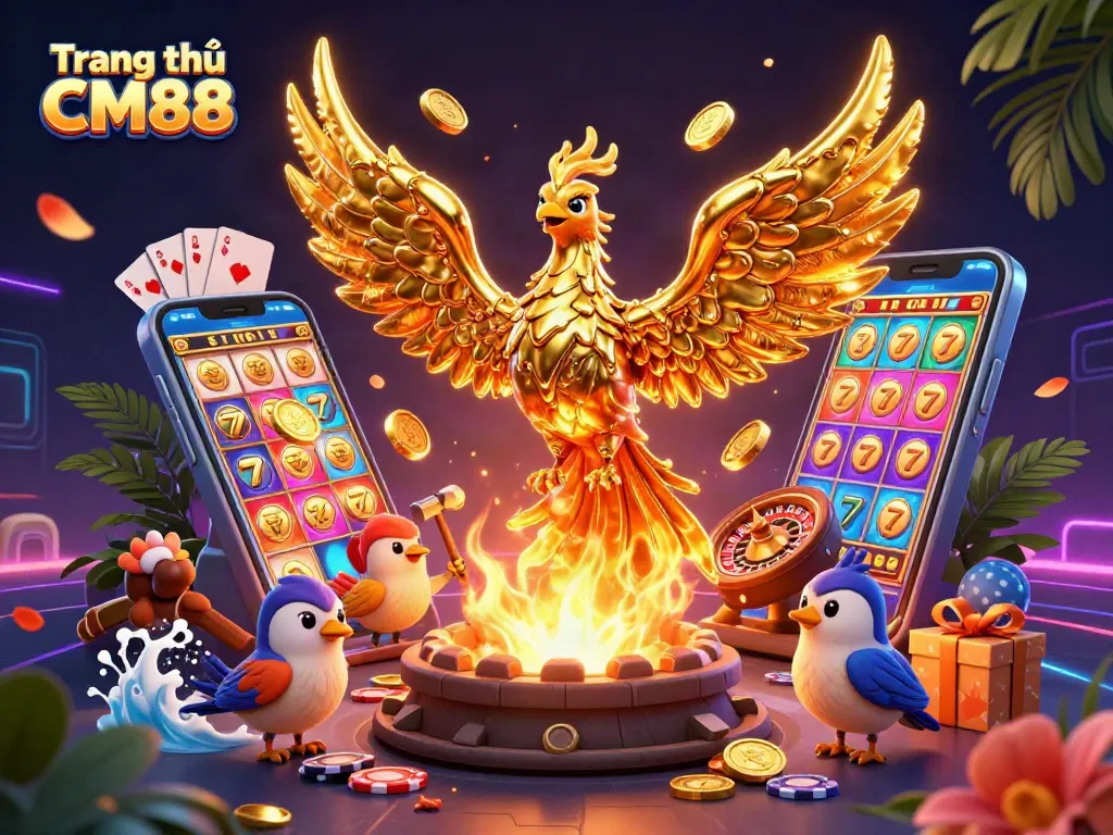Engage with Trang chủ CM88 as the molten golden phoenix emerges amidst vibrant casino games.