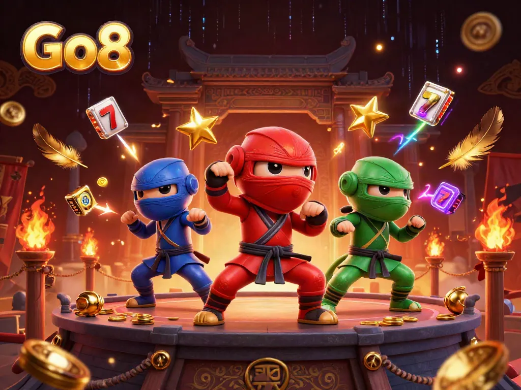 Go8 engaging casino action with ninja chameleons and gold coins in a vibrant, lively atmosphere.