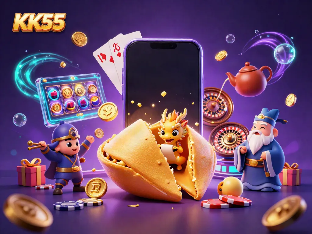 Engage with KK55's vibrant online casino experience through a dynamic golden fortune cookie scene.