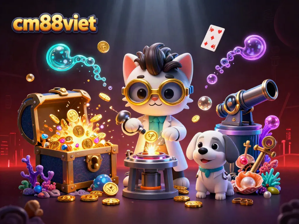 Catching big wins at cm88viet with an action-packed illustration of a mad scientist cat creating gold coins in a lively casino.