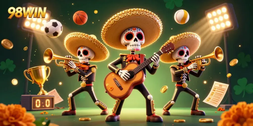 Engage with the vibrant 98WIN gaming world through a dynamic mariachi celebration scene.