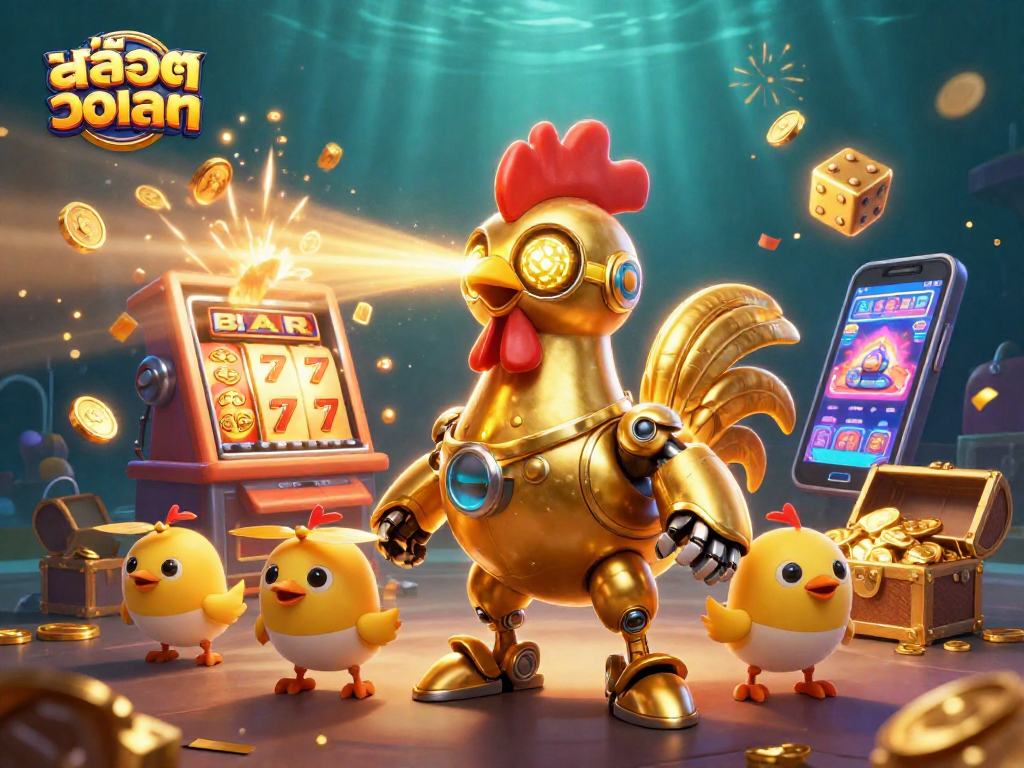 Experience thrilling slots with สล็อตวอเลท, featuring a golden rooster robot and vibrant casino elements.