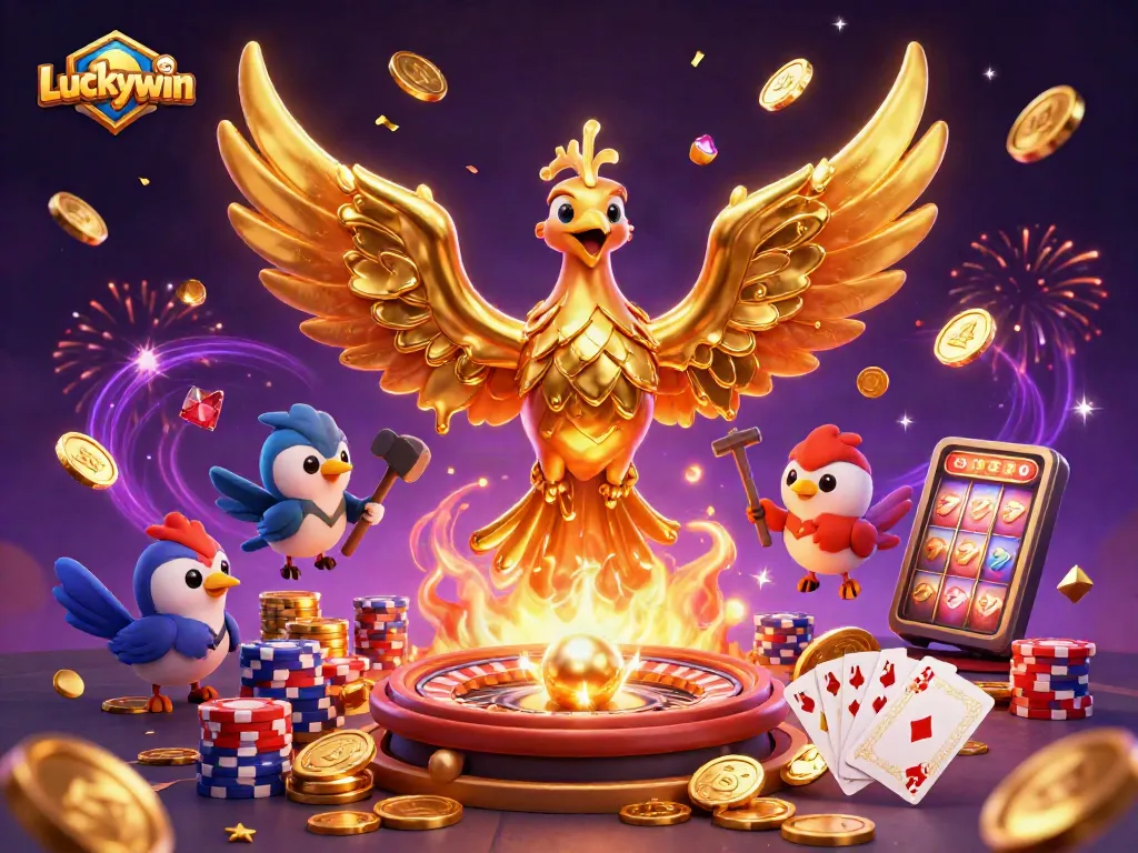Experience Luckywin's thrilling gaming adventure with golden phoenix, casino elements, and vibrant celebration.