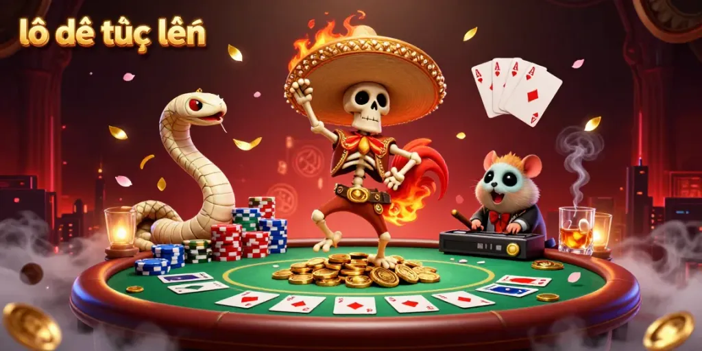 Engage in thrilling lô đề trực tuyến action with animated characters celebrating over poker elements.