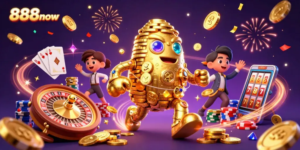 Experience thrilling gameplay at 888now with vibrant casino elements and golden golem