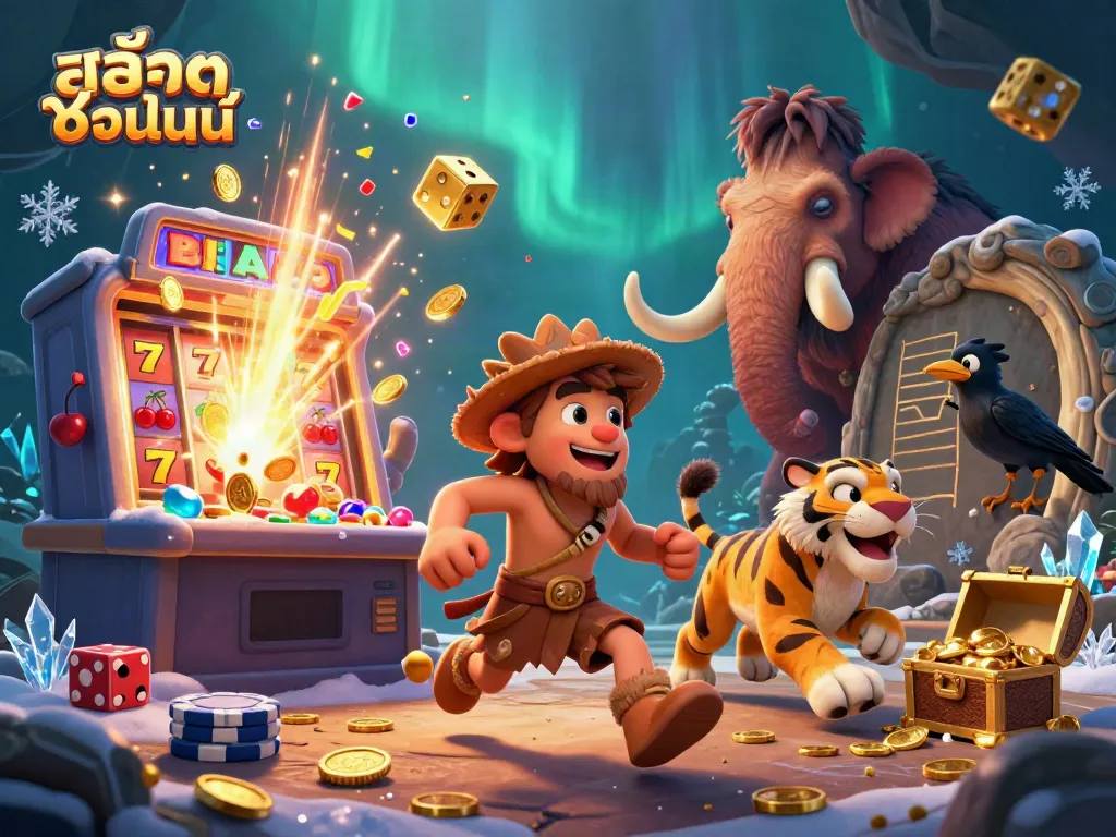 Experience thrilling สล็อตออนไลน์ action with vibrant slot machines and 3D cartoon characters in a prehistoric casino setting.