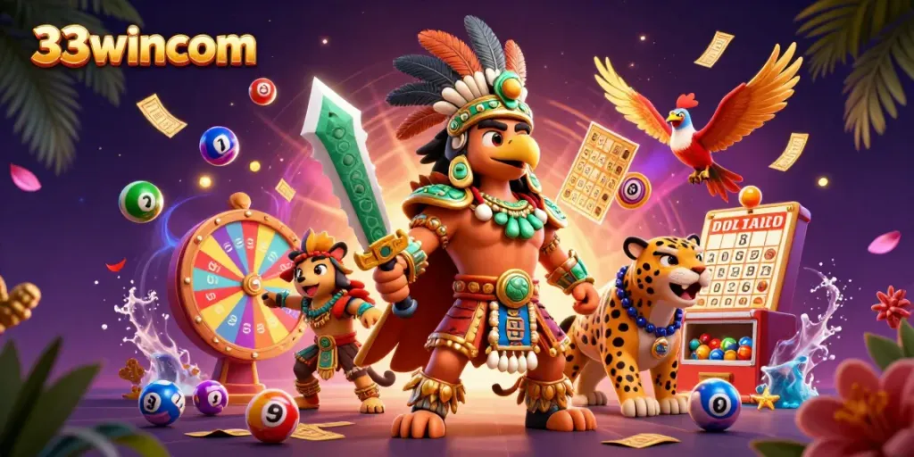 33wincom offers a vibrant gaming experience with Aztec characters and dynamic casino elements.