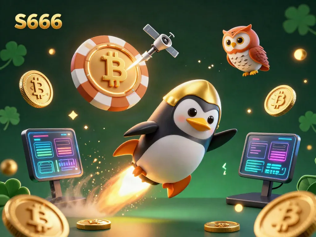 Experience the excitement of S666 as a golden penguin ventures through a vibrant casino-themed space.