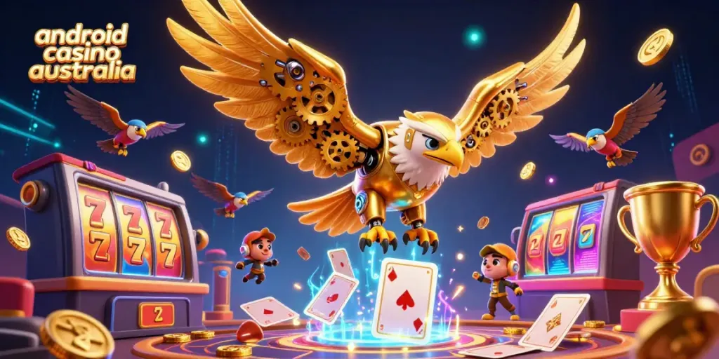 Explore immersive android casino Australia gaming featuring a cybernetic golden eagle amidst cascading slot reels.
