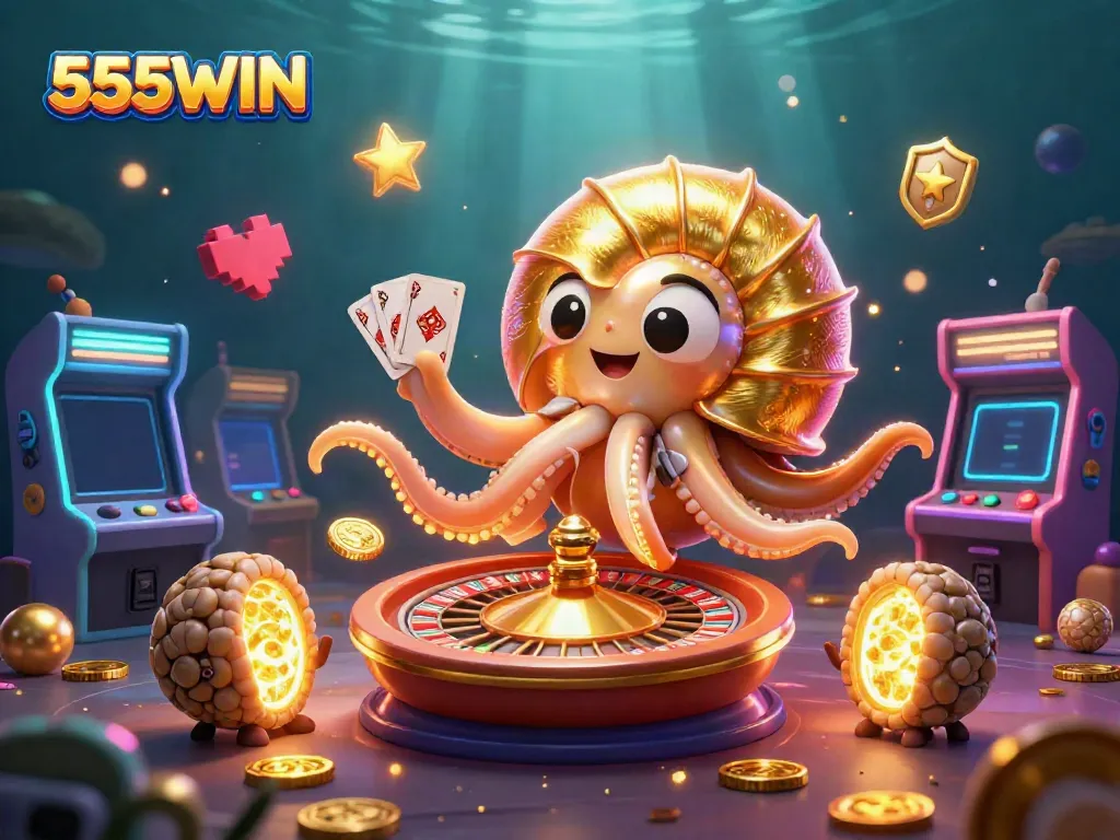 Engage with 555WIN's thrilling casino world through a vibrant 3D nautilus and glowing companion characters.