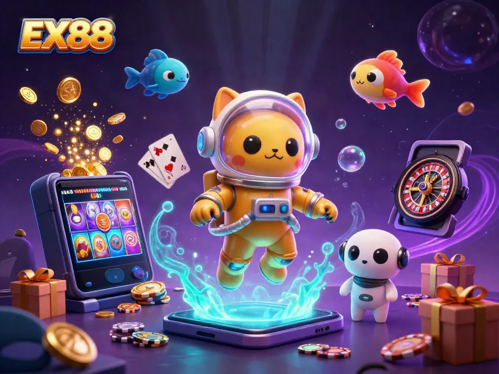 Experience thrilling casino action with EX88 in this vibrant 3D illustration of an astronaut cat and gaming elements.