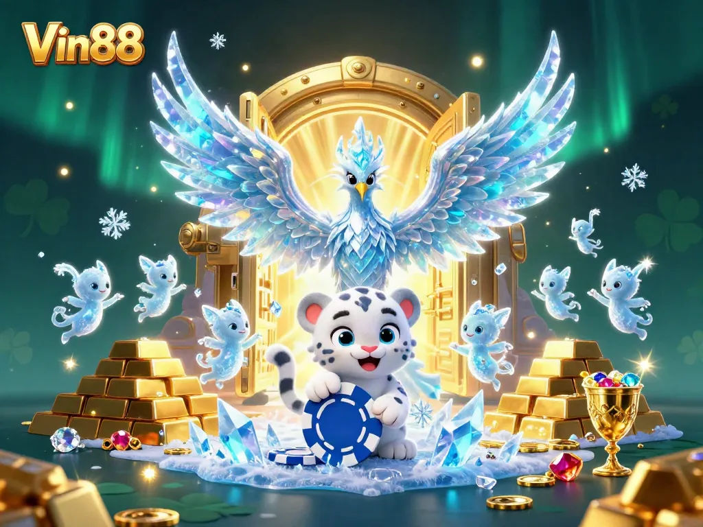 Engaging illustration of Vin88 featuring ice phoenix, snow leopard, and sparkling casino treasures.