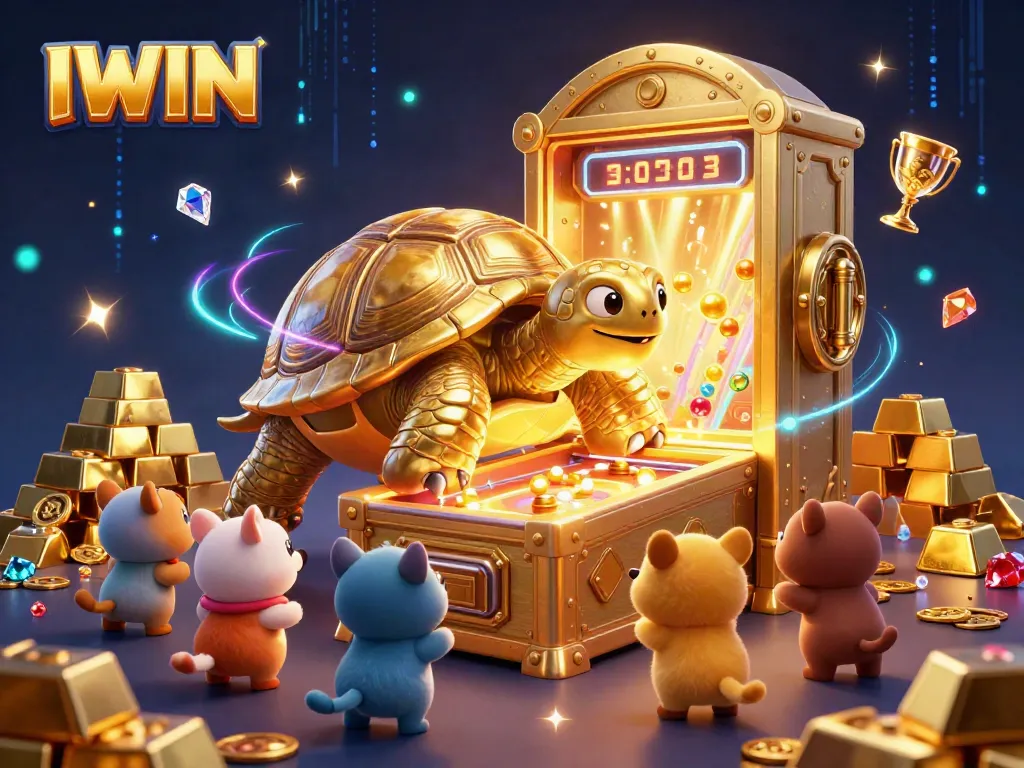 IWIN showcases thrilling gameplay in a vibrant casino scene featuring a tortoise pinball machine and treasures.