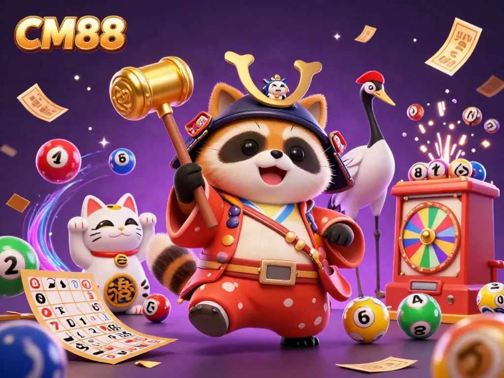 Cheerful tanuki and feng shui cats celebrating CM88 with bouncing lottery balls in a festive casino scene.